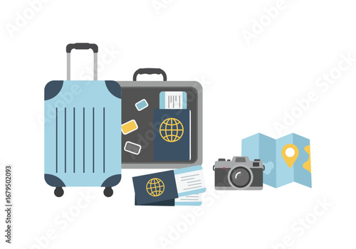 Travel luggage with passport, tickets, and map.
