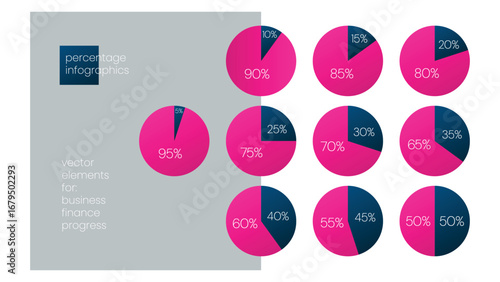 5 10 15 20 25 30 33 35 40 45 50 55 60 65 70 75 80 85 90 95 percent pie charts. Vector percentage infographic set. Circle diagrams for business, finance, progress, report