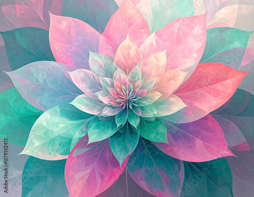 A vibrant, intricate fractal flower design showcases a stunning array of pastel colors, including pinks, blues, and greens.