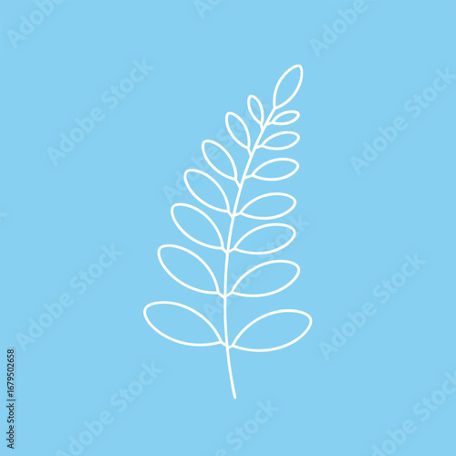 Minimalist illustration of a leaf branch with oval-shaped leaves on a solid blue background, ideal for nature-themed designs