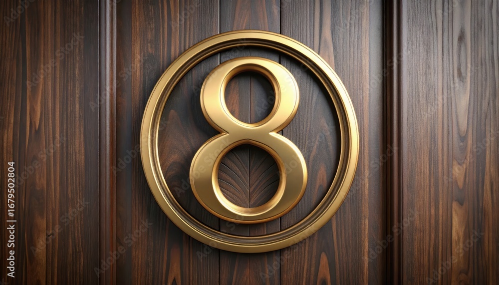 Fototapeta premium Gold Number 8 in Circle on Wood Door with Numerology Concept.