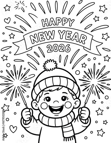 Happy New Year 2026 coloring page with cute child and sparklers