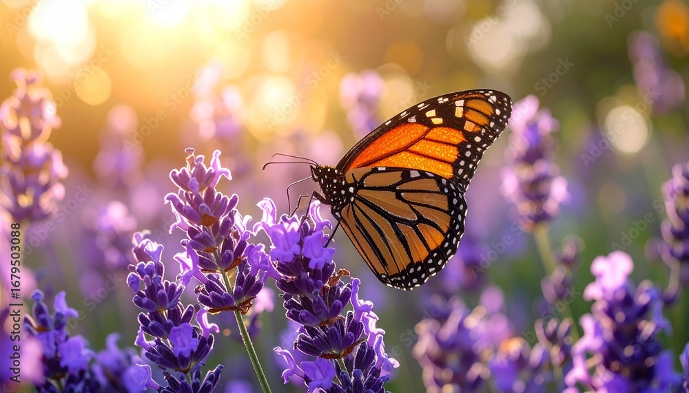 Naklejka premium Monarch Butterfly on Blooming Lavender in Warm Sunlight