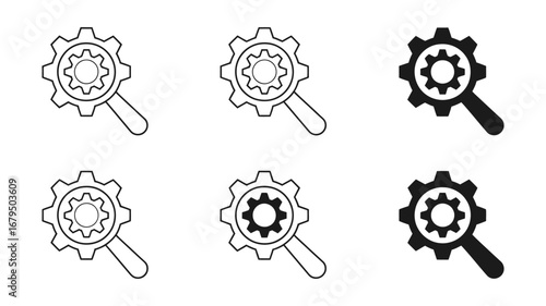 Vector art of magnifying glass with gear wheel, representing search, settings, and configuration options for system