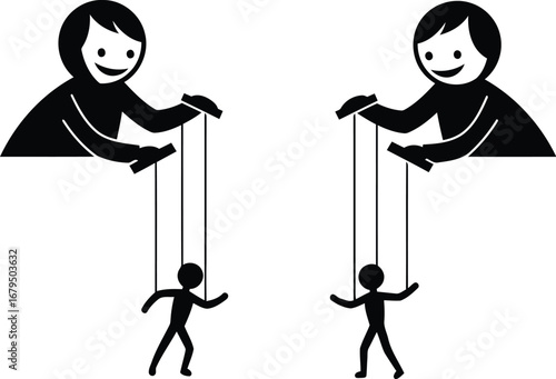 Puppet master control two figures manipulating dancers