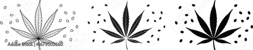 Three stylized cannabis leaves in black and white with abstract dots