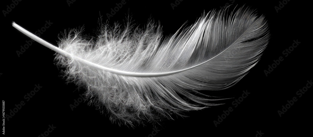 Obraz premium Delicate white feather against black background
