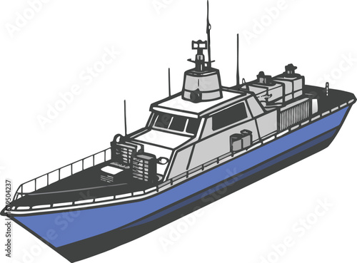  A detailed illustration of a modern patrol boat, featuring a multi-level superstructure, radar, and a sturdy hull