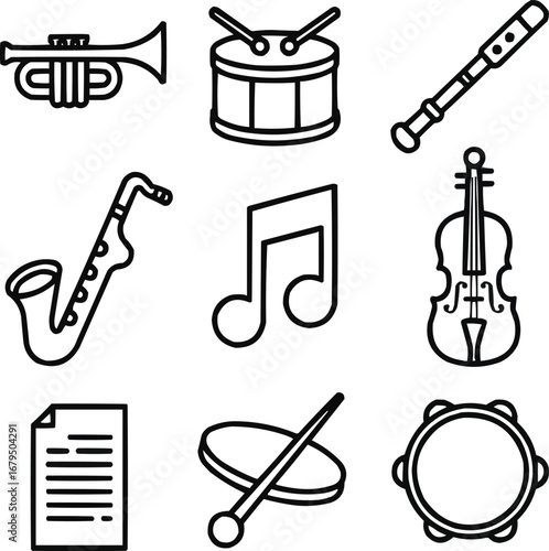 Musical Instrument Outline Icons Set  Trumpet, Drum, Flute, and Classical Music Elements
