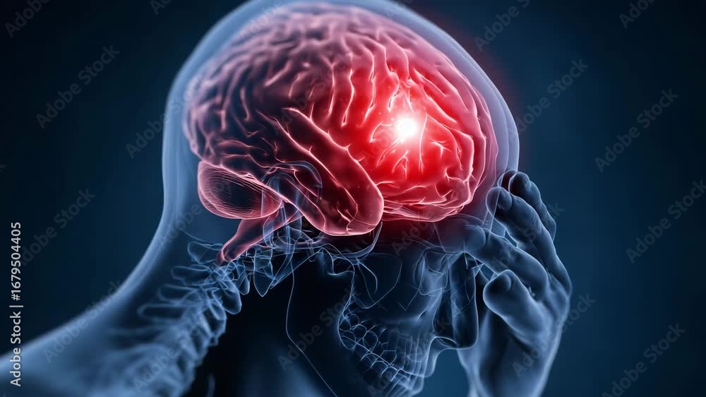 Human brain with highlighted red area medical illustration of headache ...