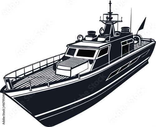  A detailed illustration of a modern patrol boat, featuring a multi-level superstructure, radar, and a sturdy hull