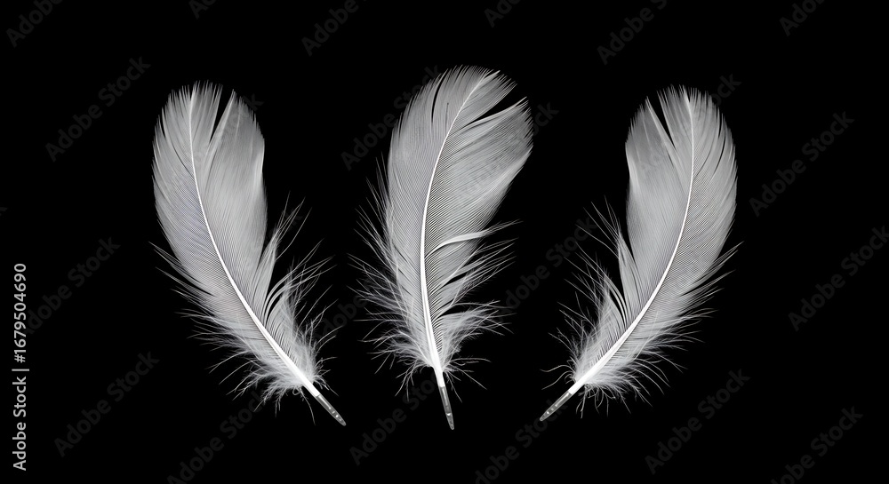 Obraz premium Three White Feathers on Black Background, Isolated.