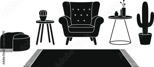 Stylish black and white living room furniture arrangement with cactus and rug