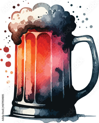Artistic Watercolor Illustration of a Dark Beer Mug with Frothy Head Celebrating Oktoberfest and Craft Beer Culture