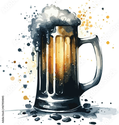 Artistic Watercolor Illustration of a Dark Beer Mug with Frothy Head on a White Background for Pub and Bar Concepts