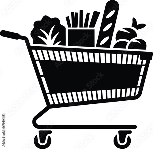 Black and white silhouette of a full grocery cart with food items