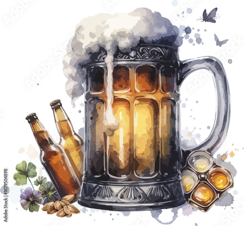 Artistic Watercolor Illustration of a Frothy Beer Mug with Bottles and Snacks Refreshment and Celebration of Craft Brewing