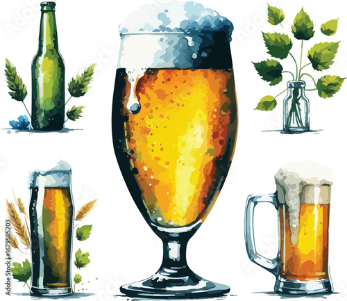 Assorted Beer and Lager Collection Illustrative Style Featuring Glassware Bottle and Fresh Hops Arrangement Delicious and Refreshing