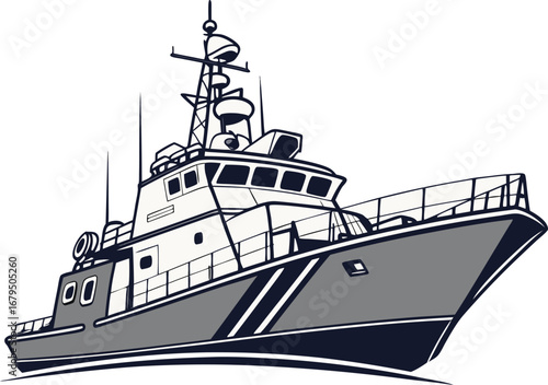  A detailed illustration of a modern patrol boat, featuring a multi-level superstructure, radar, and a sturdy hull