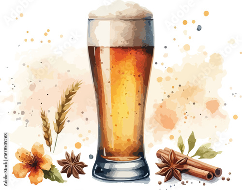 Autumn Flavored Beer Watercolor Illustration with Spices and Floral Accents on White Background Delicious Craft Brew for Seasonal Celebrations