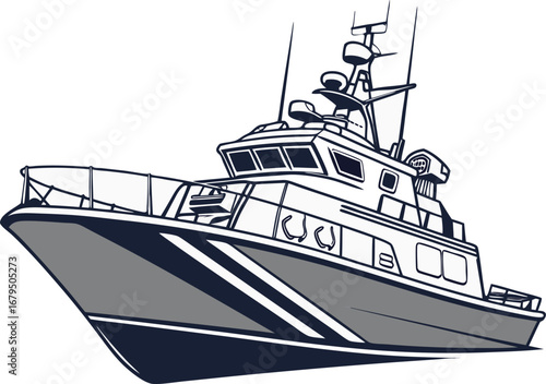  A detailed illustration of a modern patrol boat, featuring a multi-level superstructure, radar, and a sturdy hull