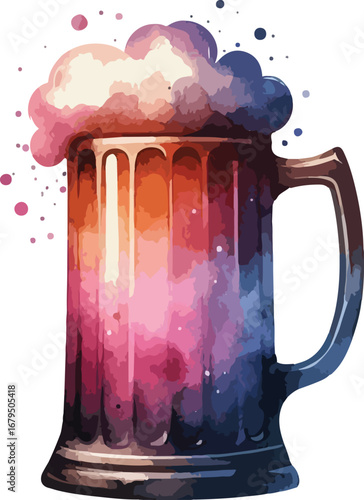 Colorful Watercolor Beer Mug Illustration with Foam and Bubbles on White Background for Celebrations and Festive Designs