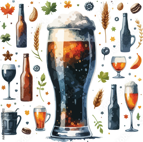 Craft Beer and Autumnal Harvest Still Life with Watercolor Style Digital Painting Celebration of Fall and Brewing