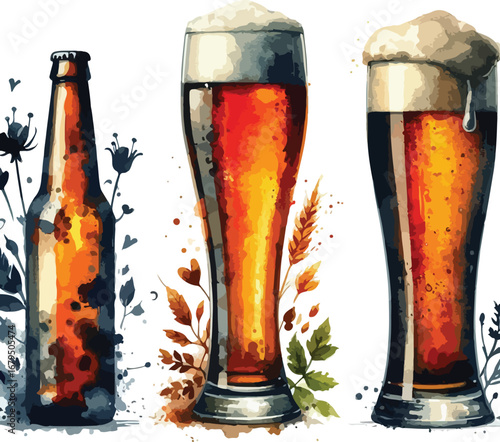 Craft Beer Illustration with Bottle and Glasses Showcasing Amber Ale and Lager Ideal for Brewery Promotion