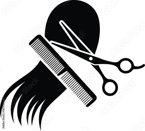 Stylized silhouette of hair being cut with scissors and comb