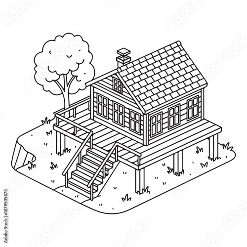 Black and white isometric illustration of a wooden house on stilts with a tree home cabin
