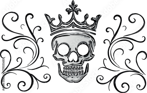 Gothic skull with a regal crown in polished silver, decorated with elegant baroque flourishes for a dark luxury aesthetic.