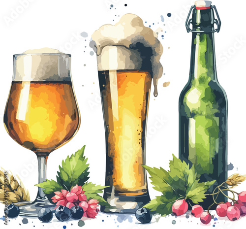 Delicious Craft Beer Still Life Watercolor Painting with Assorted Fruits and a Green Bottle Perfect for Festive Occasions