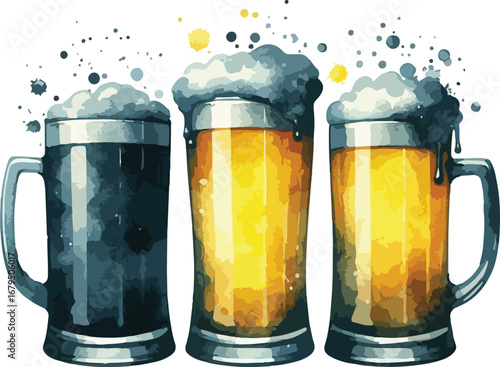 Delicious Watercolor Beer Mugs Collection Showcasing Dark and Golden Ales on a White Background with Bubbles and Froth