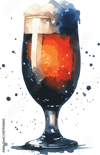 Elegant Glass of Dark Beer with Rich Foam and Watercolor Texture for Beverage and Drink Concepts