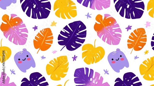 Bright, colorful leaf pattern with cute pastel purple cartoon ghosts scattered within