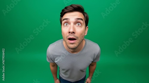 Surprised man looking up on green screen