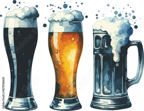 Illustration of Three Different Beer Styles Dark Stout Lager and Pale Ale in Various Glassware with White Foam on a White Background