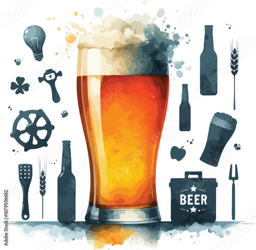 Illustrative Beer Glass with Frothy Head and Accompanying Brewing Symbols and Wheat Stalks Refreshing and Inviting