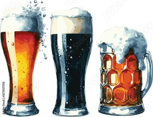 Refreshing Beer Assortment in Watercolor Illustration for Bars Restaurants and Celebrations Perfect for Menu Designs and Festive Advertising