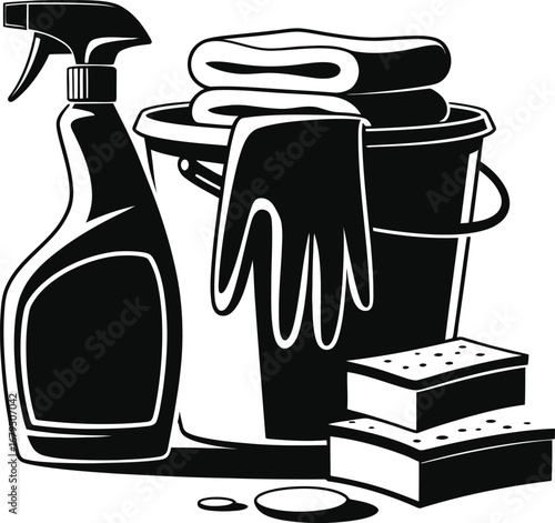 Cleaning supplies including a spray bottle bucket gloves and sponges for household chores