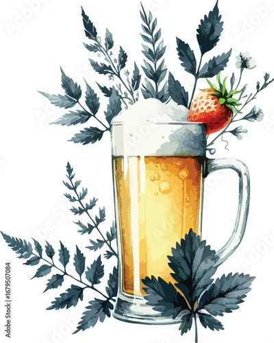 Refreshing Beer Glass Illustration with Strawberry and Foliage Artistic Watercolor Style Design Element for Celebrations and Festive Occasions
