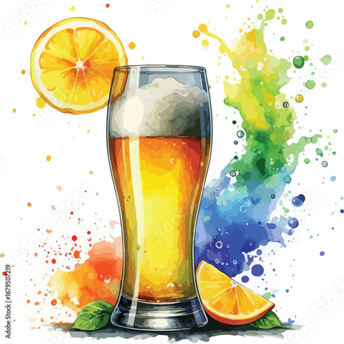 Refreshing beer glass with lemon slice and colorful watercolor splash artistic representation for beverage promotions and summer celebrations