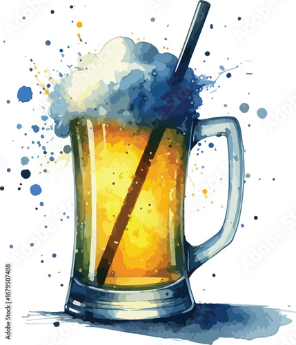 Refreshing Beer Illustration with Frothy Head and Straw in a Glass Mug Watercolor Style Art