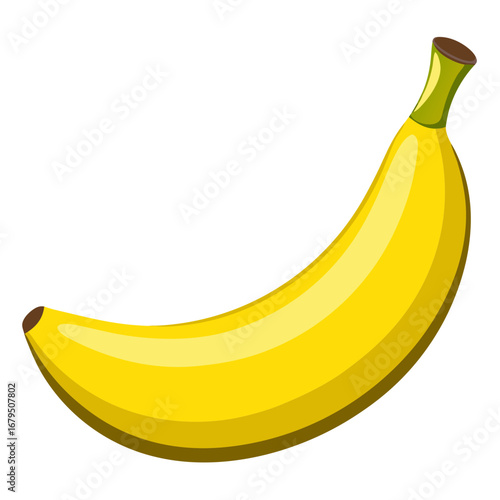 Yellow banana fruit illustration isolated on white,, Vector illustration of a ripe yellow banana with stem, symbolizing tropical fruit, healthy eating, natural sweetness, and nutritious food.