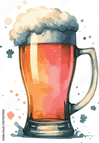 Refreshing Beer in Glass Mug with Foamy Head Digital Watercolor Illustration Artwork with Splatters on White Background