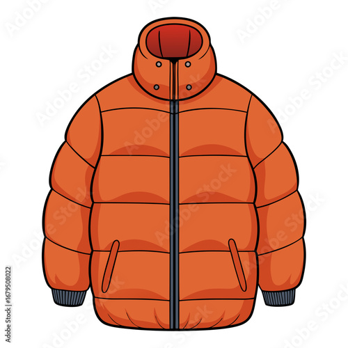 Orange puffer jacket illustration with high collar, Vector illustration of an orange puffer jacket with zipper and padded design, symbolizing cozy winter outerwear and fashionable cold-weather clothin