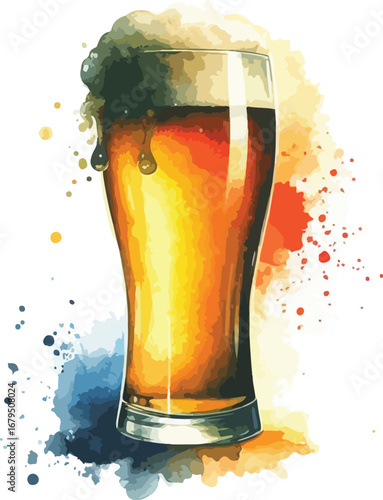 Refreshing Beer in Watercolor Style with Colorful Splashes Artistic Beer Illustration for Beverage Industry and Design Projects