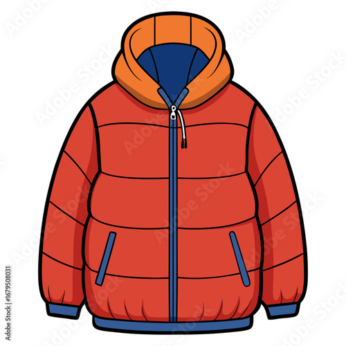 Red puffer jacket with orange hood illustration, Vector illustration of a red puffer jacket featuring an orange hood and zipper, representing cozy winter wear and casual outerwear fashion.