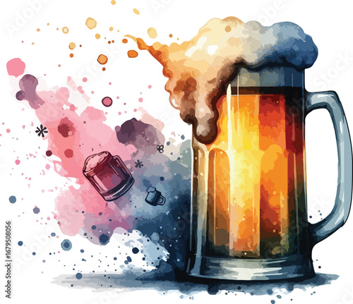 Refreshing Beer in Watercolor Style with Frothy Head and Colorful Splash Background Illustration Great for Bars and Restaurants Marketing Materials
