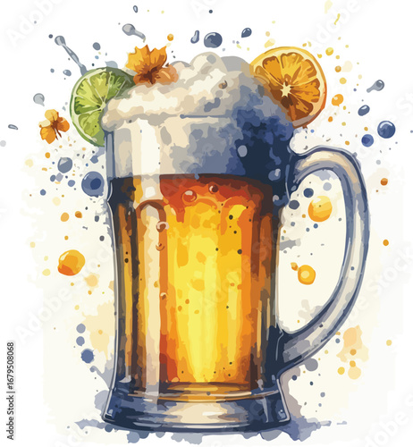 Refreshing Beer Mug Illustration with Citrus Fruit and Frothy Head for Summer Celebrations and Festive Occasions